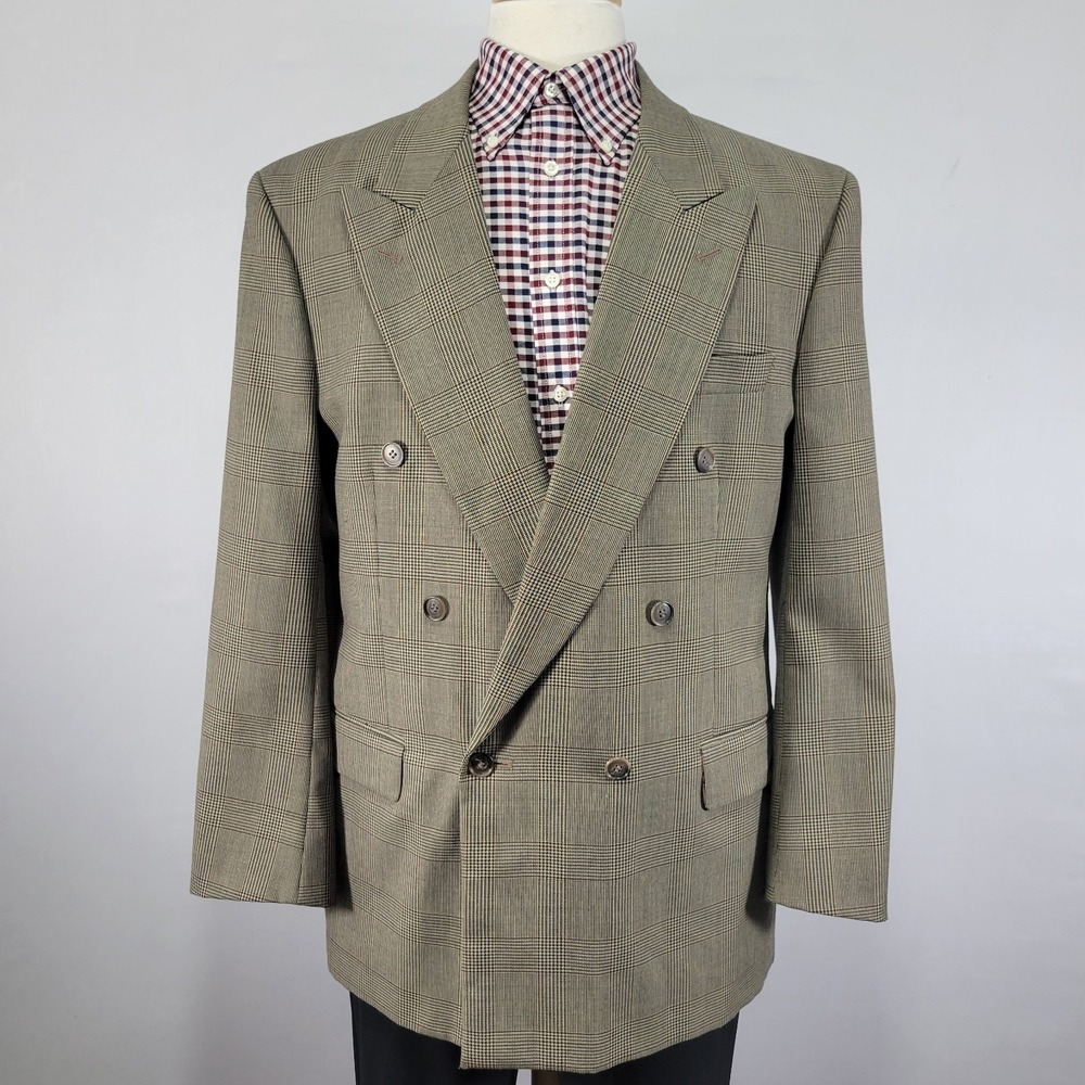 J.Riggings Men's Double Breast Sport Coat Peak Brown Plaid Poly Wool 42R